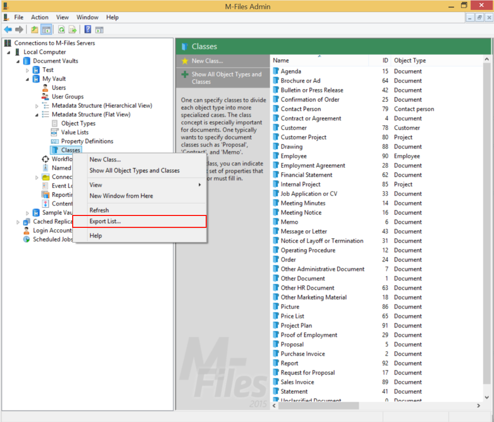 M-Files Screenshot of the Admin Interface 'Export asList...'